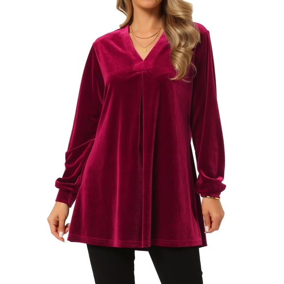 DARING DIVA Women's Velvet Top V Neck Long Sleeves Loose Blouse XL Red