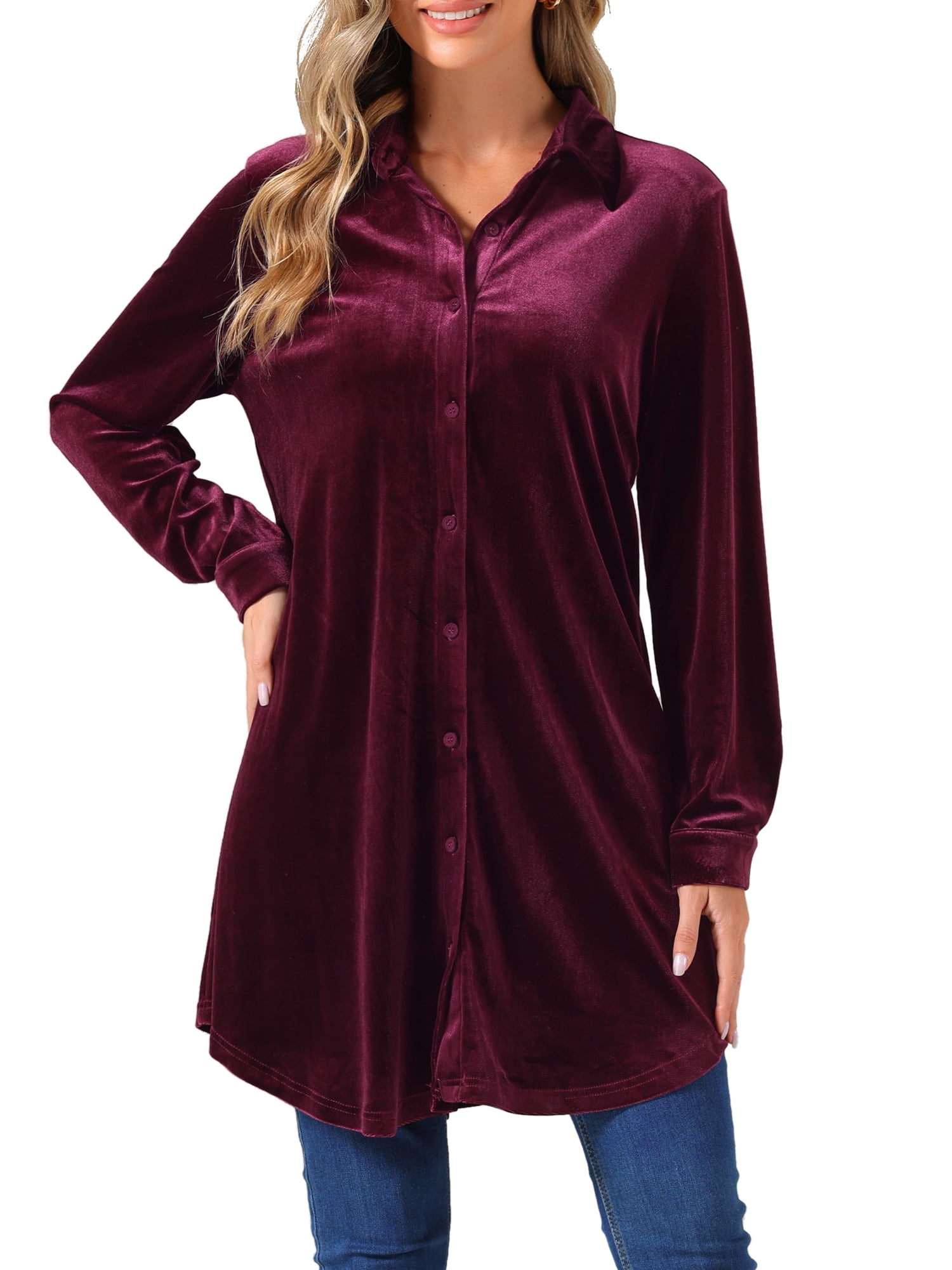 DARING DIVA Women's Velvet Tunic Tops Casual Long Sleeve Shirt Dress Dark Purple Red XS