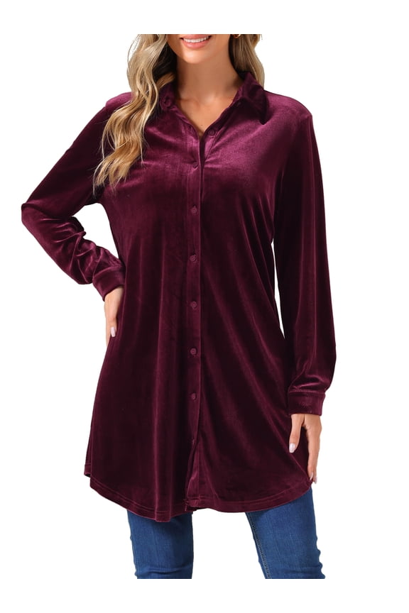 Women's Velvet Tunic Tops Casual Long Sleeve Shirt Dress Dark Purple Red XS