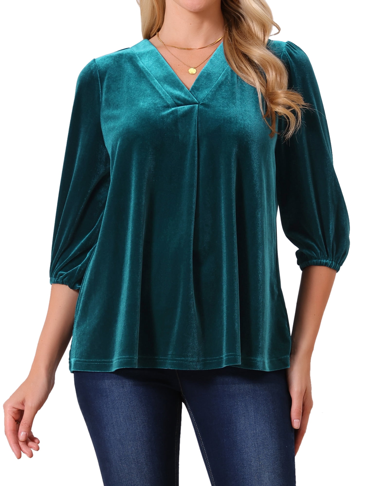 DARING DIVA Women's Velvet V Neck 3/4 Puff Sleeve Casual Blouse S Peacock Blue
