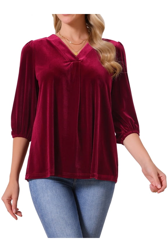 Women's Velvet V Neck 3/4 Puff Sleeve Casual Blouse S Wine Red