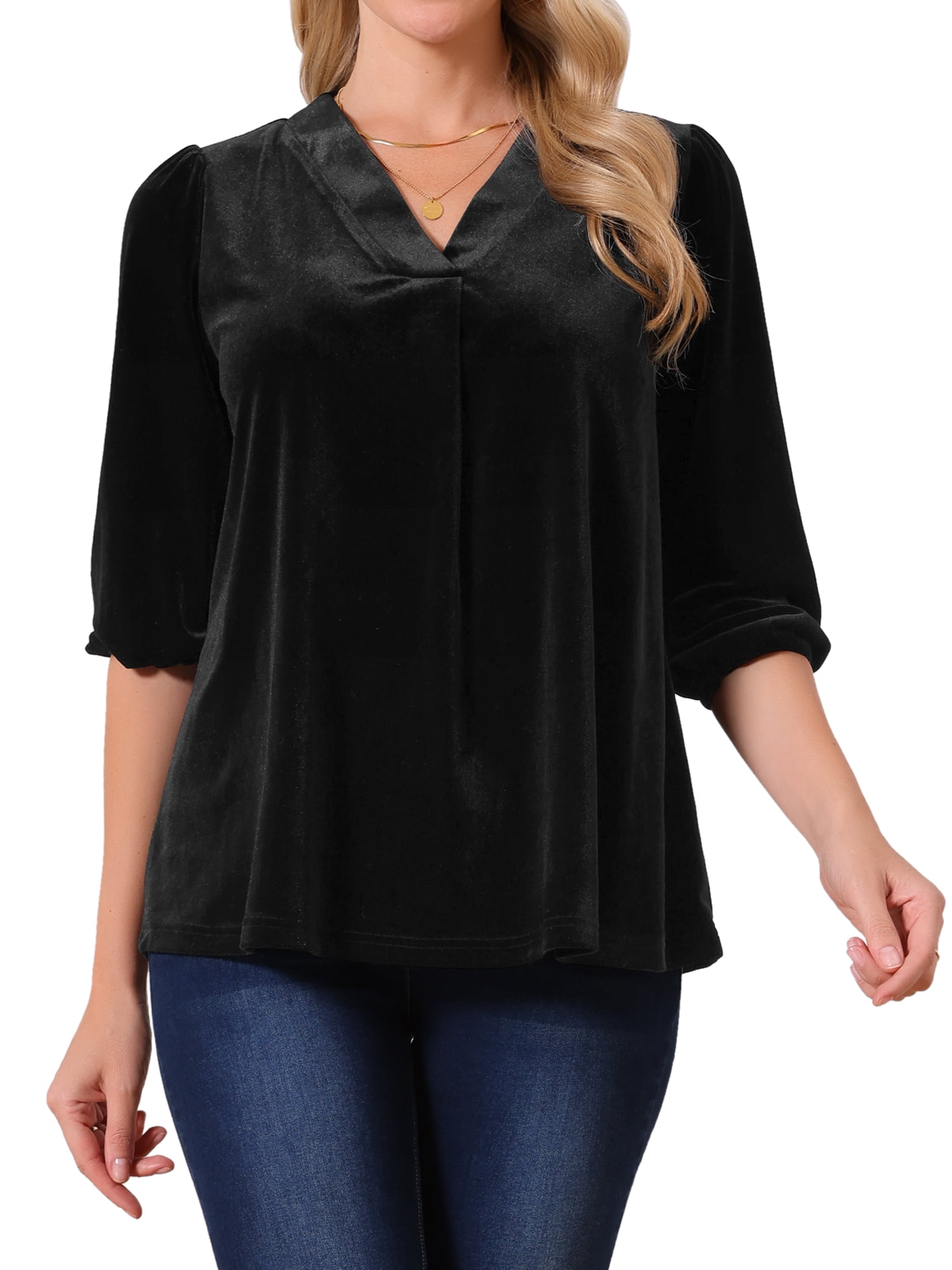 DARING DIVA Women's Velvet V Neck 3/4 Puff Sleeve Casual Blouse XL Black