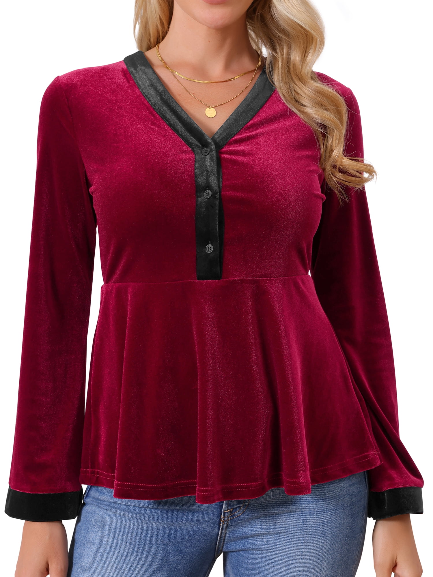 DARING DIVA Women's Velvet V Neck Long Sleeve Babydoll Peplum Top L Burgundy