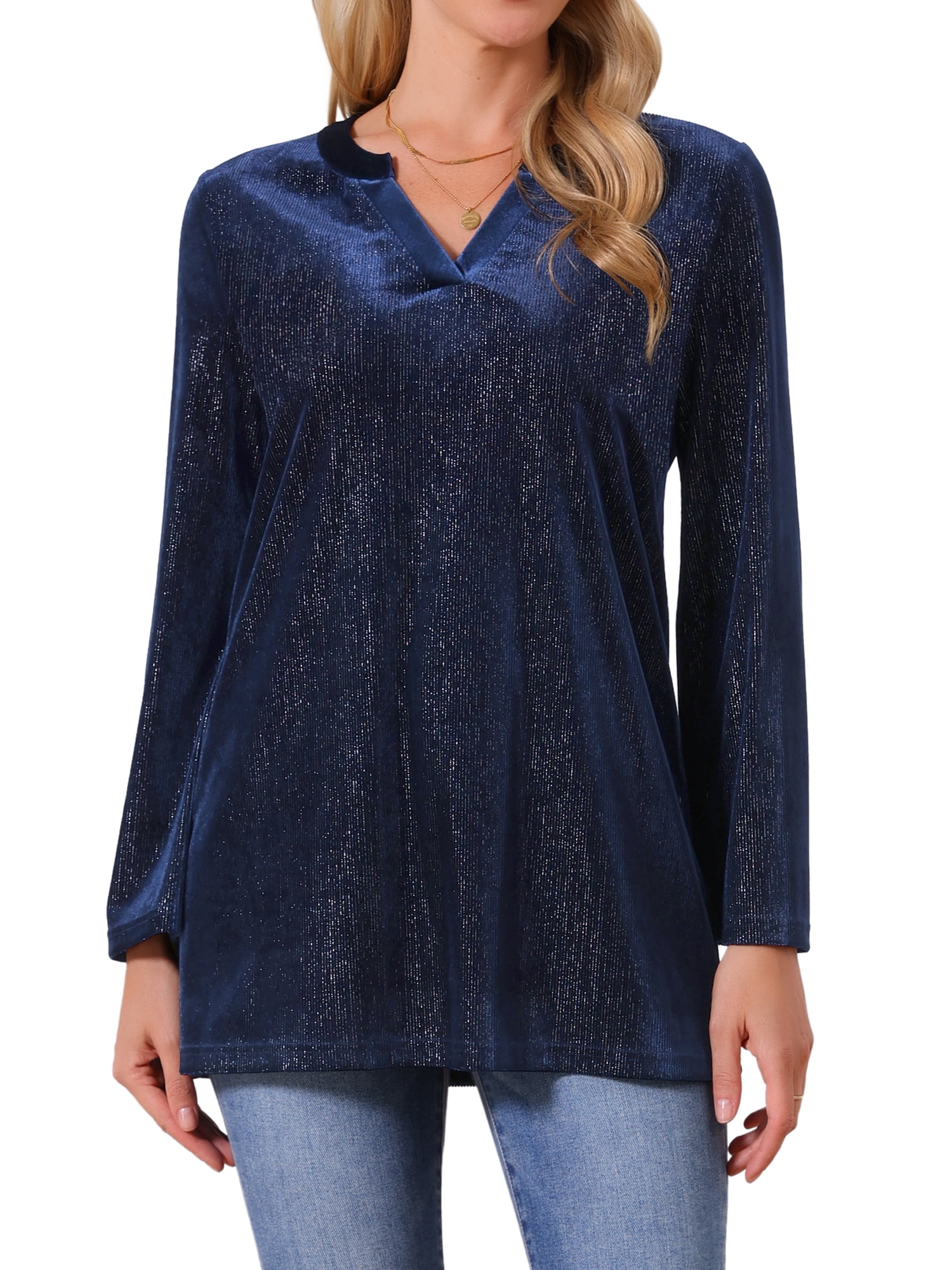 DARING DIVA Women's Velvet V Neck Long Sleeve Metallic Blouse M Dark Blue