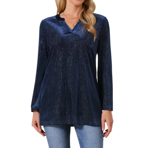 DARING DIVA Women's Velvet V Neck Long Sleeve Metallic Blouse M Dark Blue
