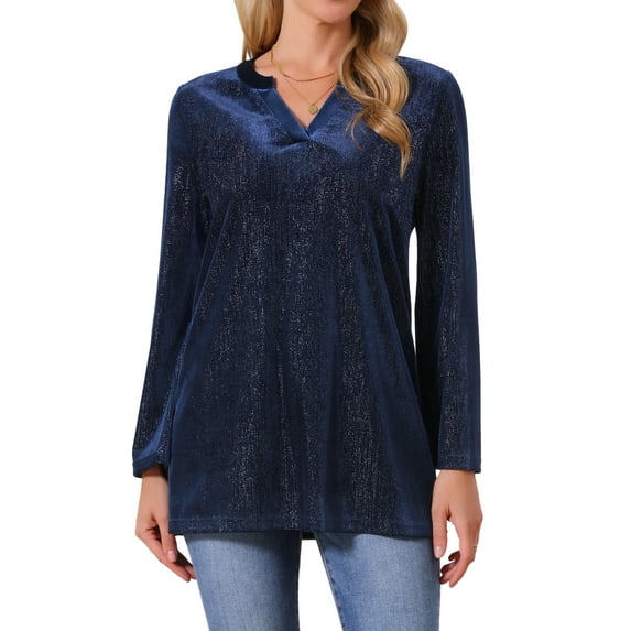 DARING DIVA Women's Velvet V Neck Long Sleeve Metallic Blouse M Dark Blue