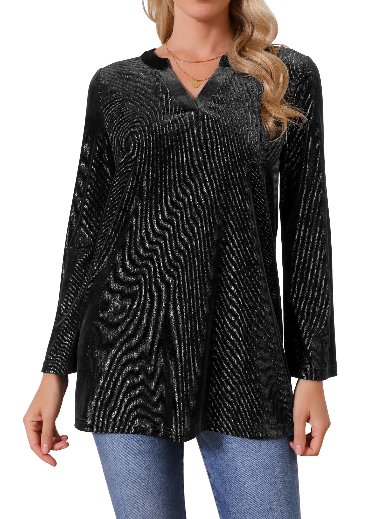 DARING DIVA Women's Velvet V Neck Long Sleeve Metallic Blouse XL Black