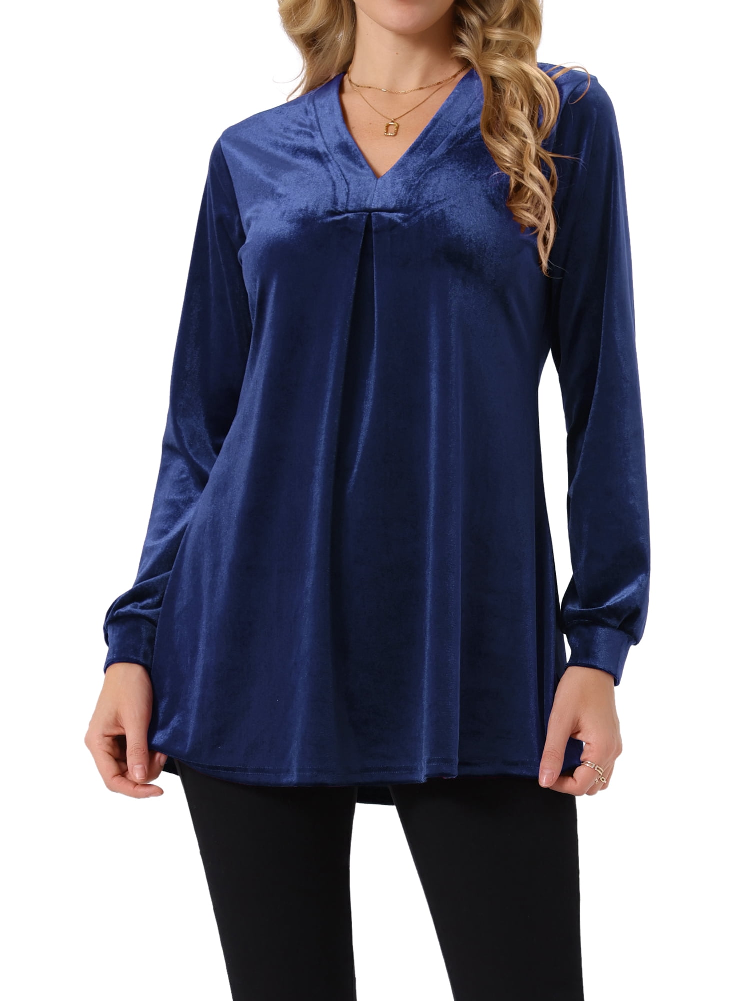 DARING DIVA Women's Velvet Top V Neck Long Sleeves Loose Blouse S Dark Blue