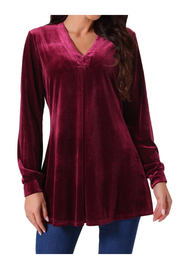 Women's Velvet V Neck Long Sleeves Casual Blouses S Wine Red