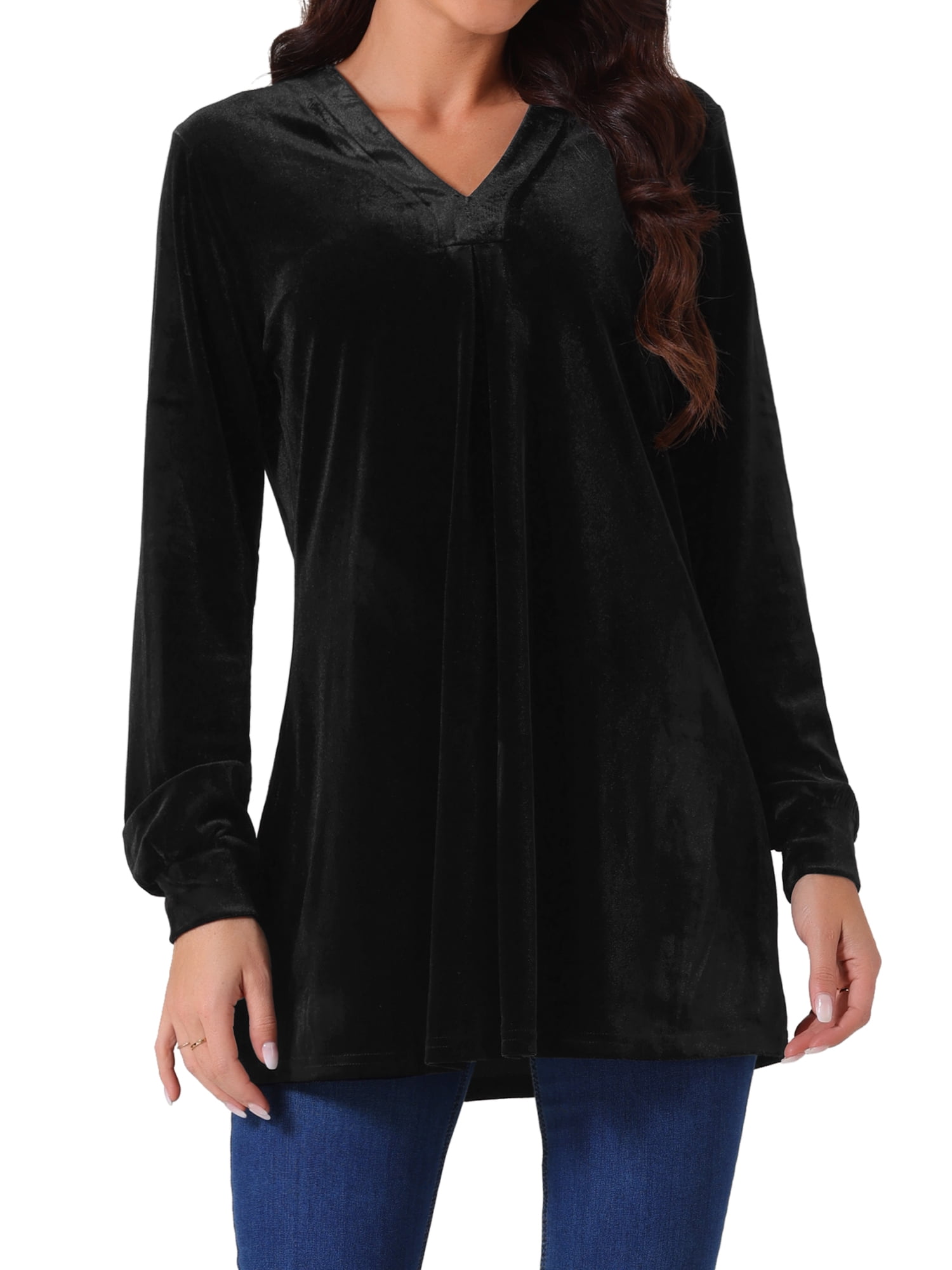 DARING DIVA Women's Velvet Top V Neck Long Sleeves Loose Blouse XL Black