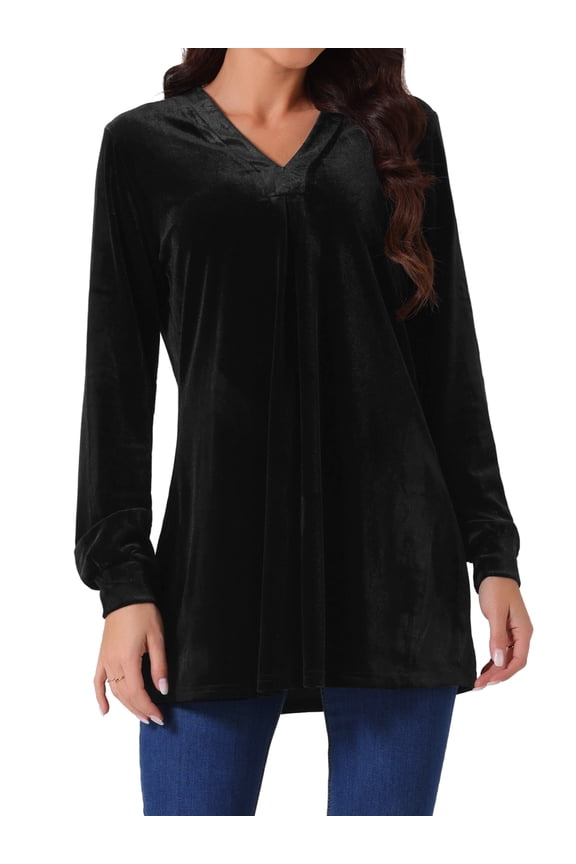 Women's Velvet Top V Neck Long Sleeves Loose Blouse XL Black