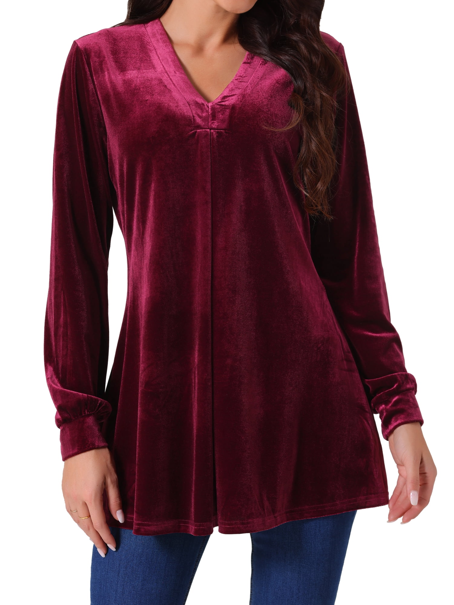 DARING DIVA Women's Velvet Top V Neck Long Sleeves Loose Blouse XL Wine Red