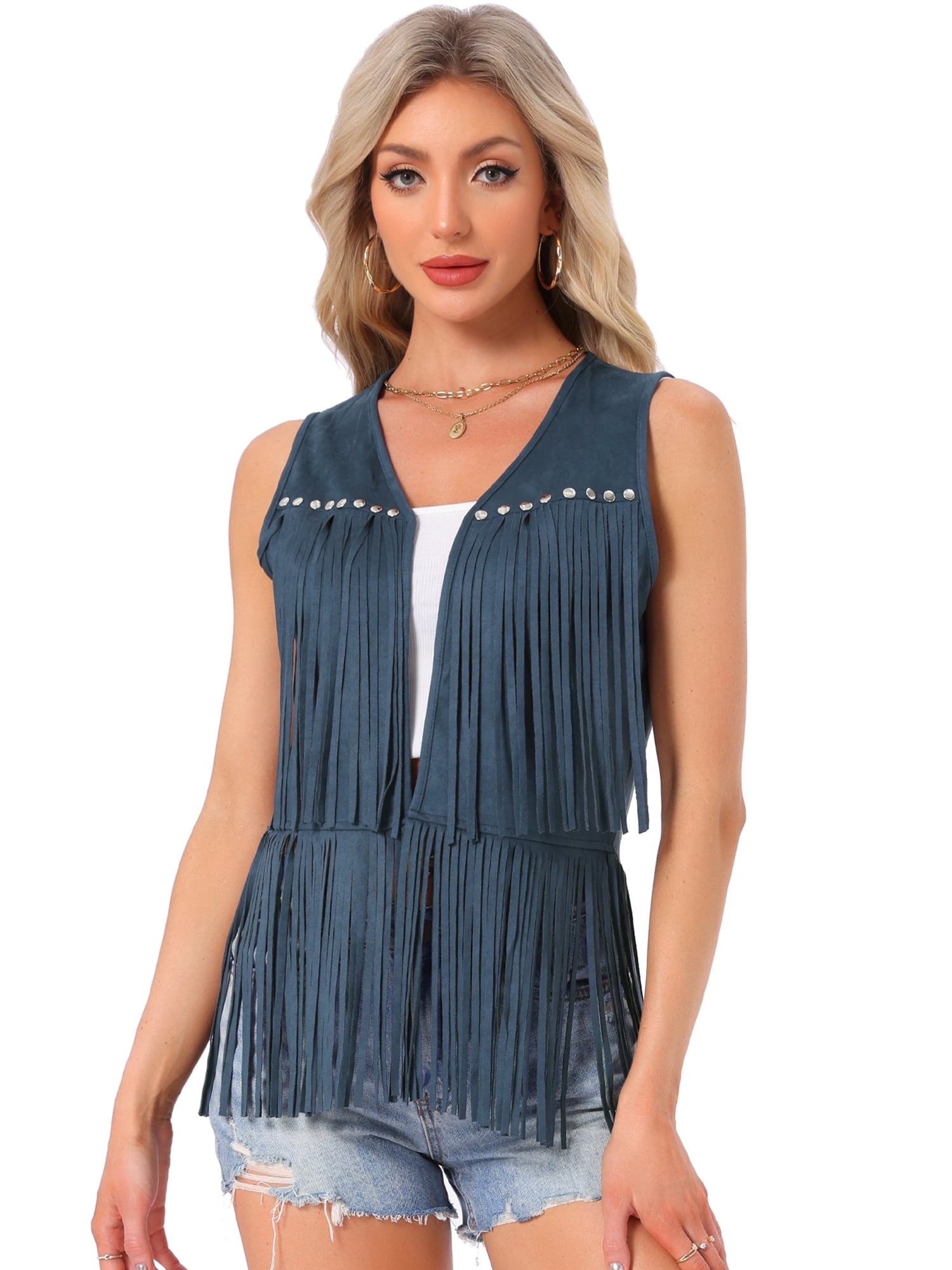 DARING DIVA Women's Vest Open Front Outfits Faux Suede Tassel Cardigan L Dark Blue