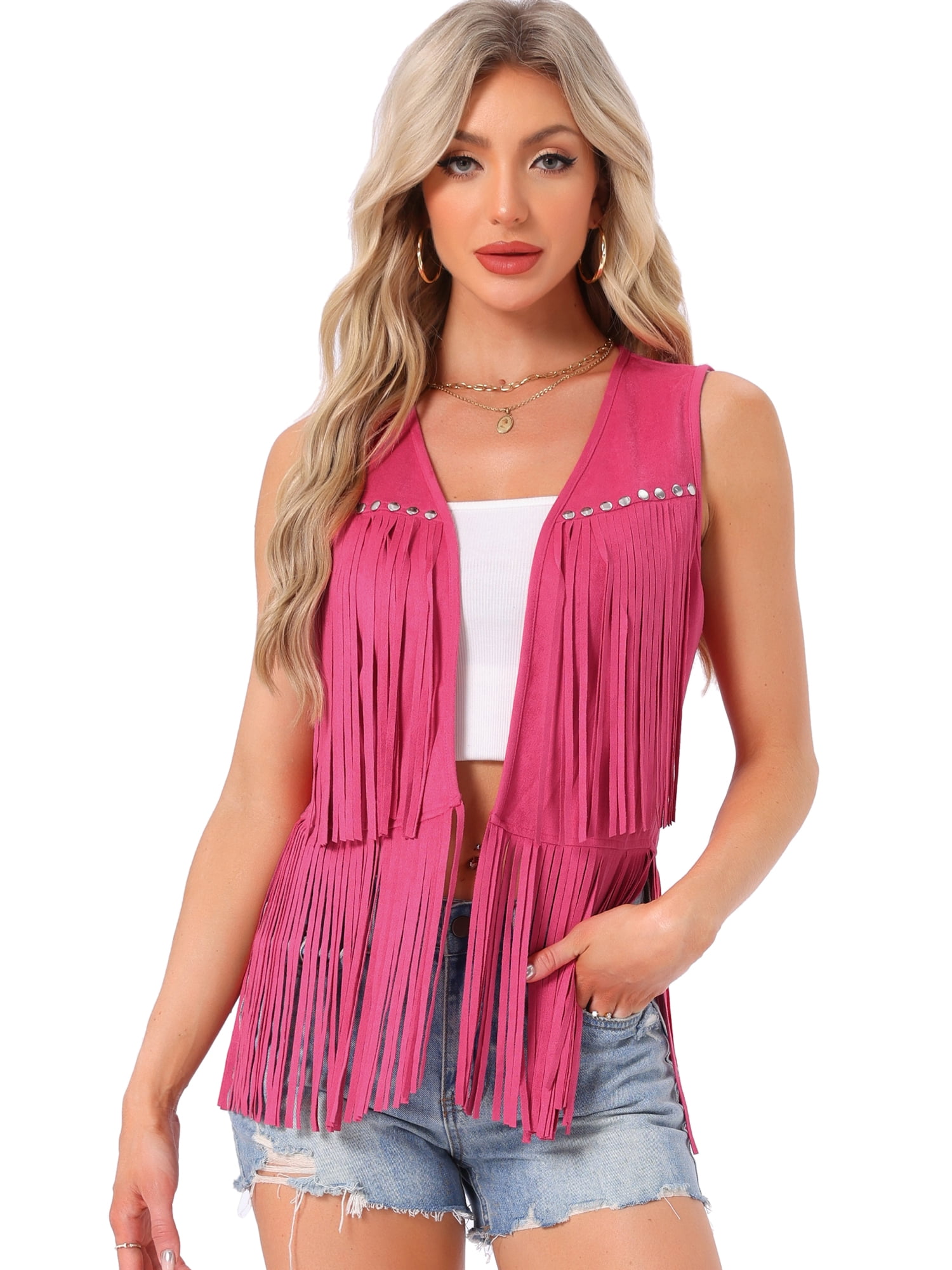 DARING DIVA Women's Vest Open Front Outfits Faux Suede Tassel Cardigan XL Hot Pink