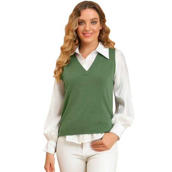 DARING DIVA Women's Vest Preppy V Neck Sleeveless Pullover Sweater XL Green