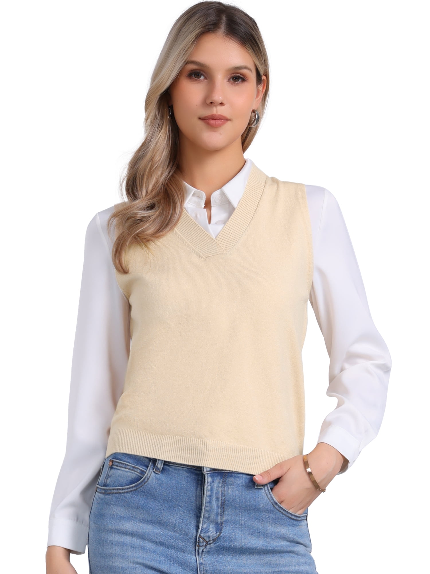 DARING DIVA Women's Vest Preppy V Neck Sleeveless Pullover Sweater XS Beige