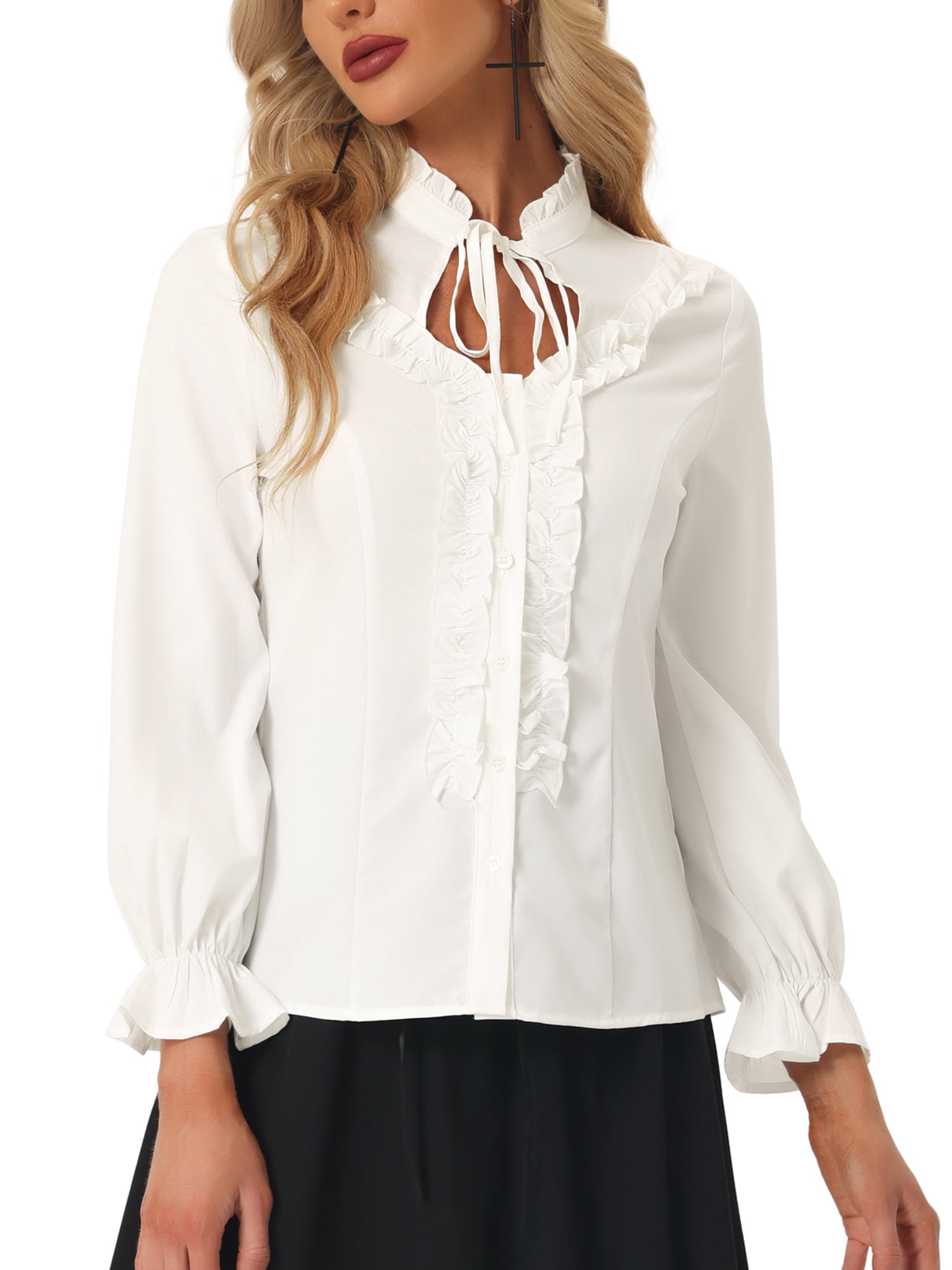 DARING DIVA Women's Victorian Ruffled Long Sleeve Button Up Shirts M White