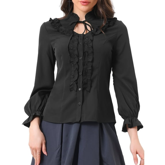 DARING DIVA Women's Victorian Ruffled Long Sleeve Button Up Shirts S Black