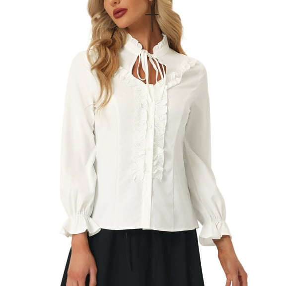 DARING DIVA Women's Victorian Ruffled Long Sleeve Button Up Shirts S White