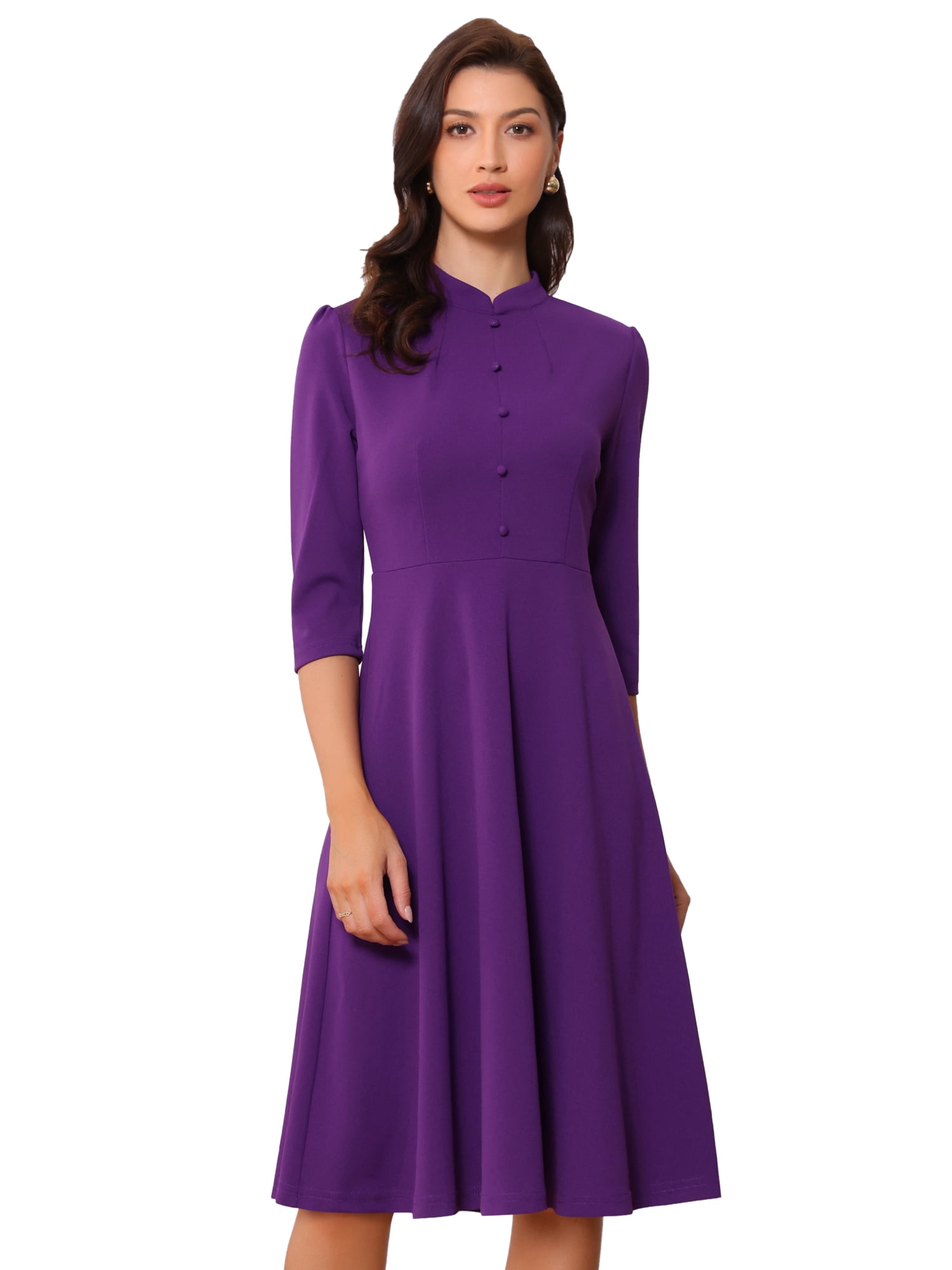 DARING DIVA Women's Vintage 3/4 Sleeve Church Semi Fit and Flare Dress S Deep Purple