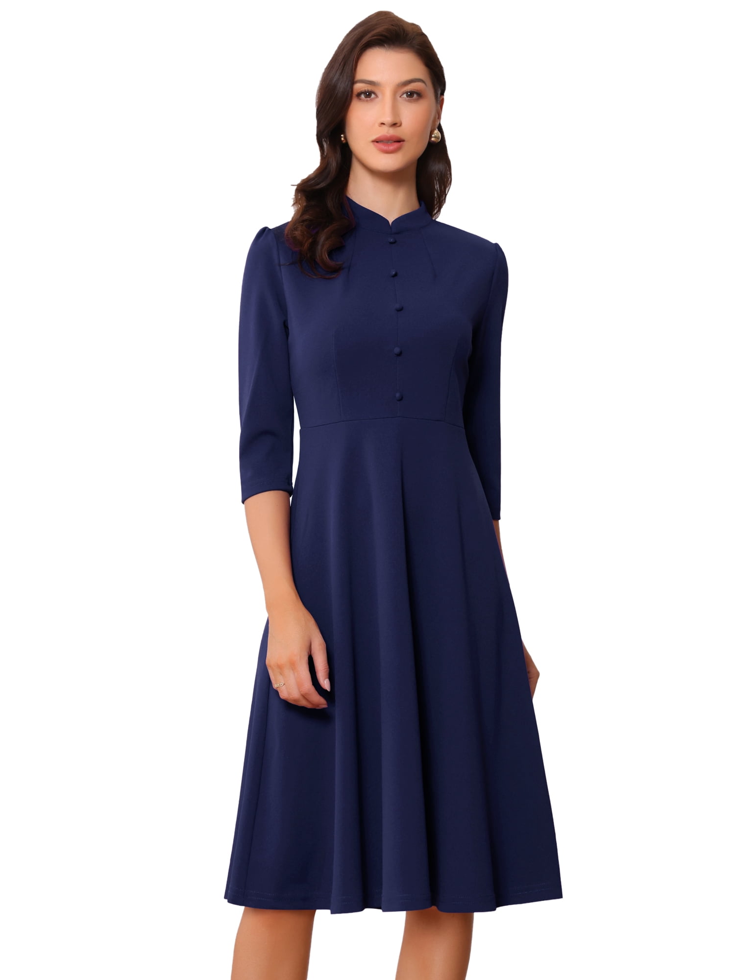 DARING DIVA Women's Vintage 3/4 Sleeve Church Semi Fit and Flare Dress XL Deep Blue