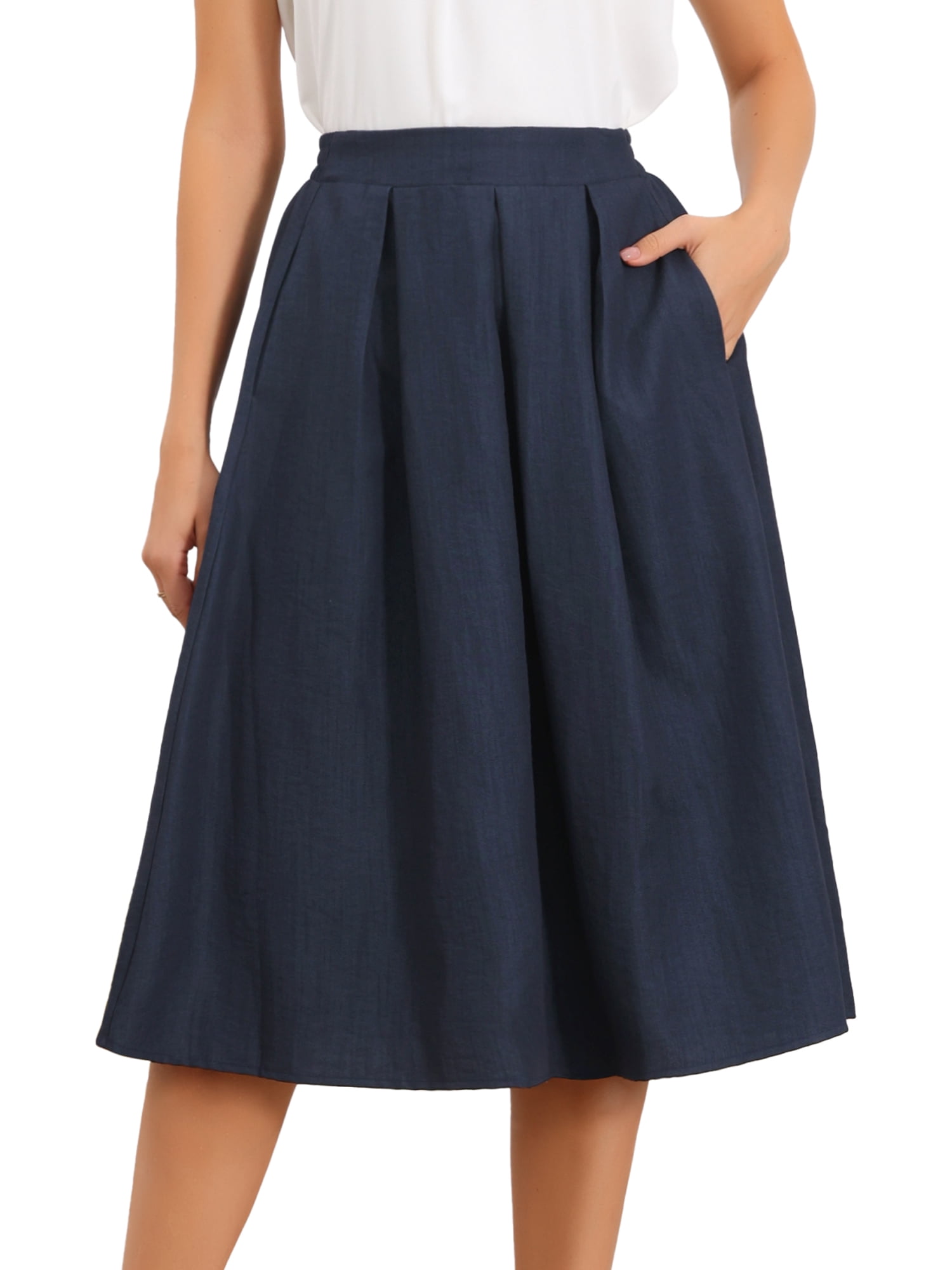 DARING DIVA Women's Vintage A-Line Business Midi Skirts M Navy Blue