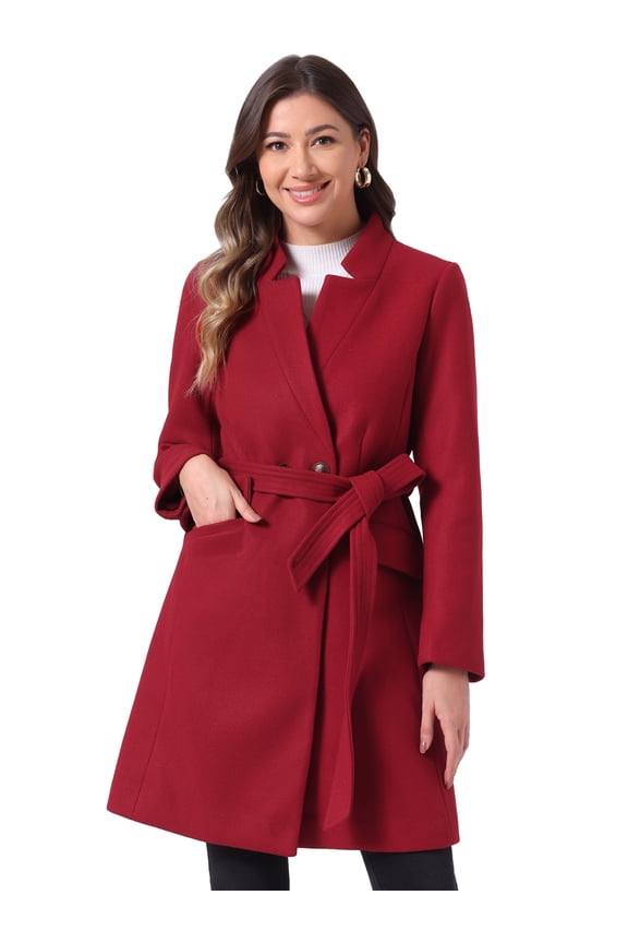 Women's Vintage Belted Coat Stand Collar Winter Outwear Coats Dark Red L