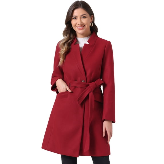 DARING DIVA Women's Vintage Belted Coat Stand Collar Winter Outwear Coats Dark Red XS