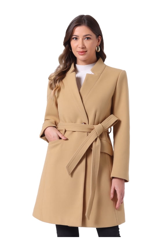 Women's Vintage Belted Coat Stand Collar Winter Outwear Coats Khaki M