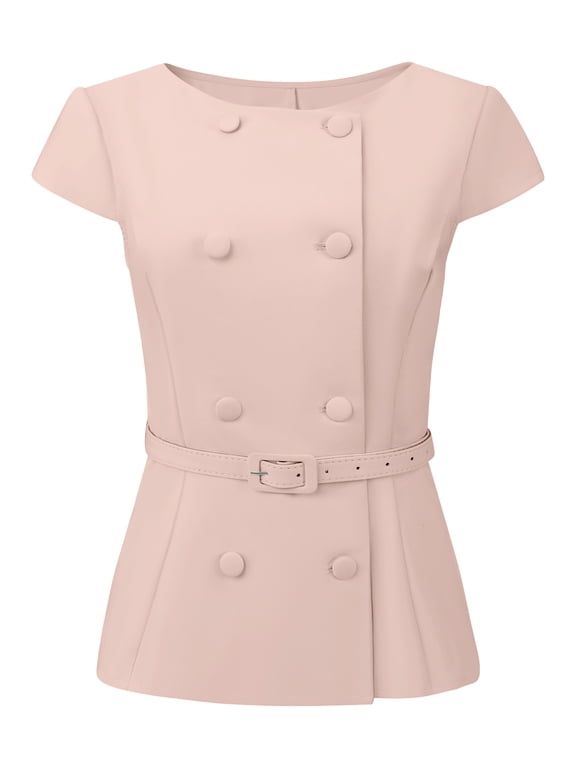 Women's Vintage Blouse Button Down Cap Sleeve Boat Neck Peplum Top M Pink