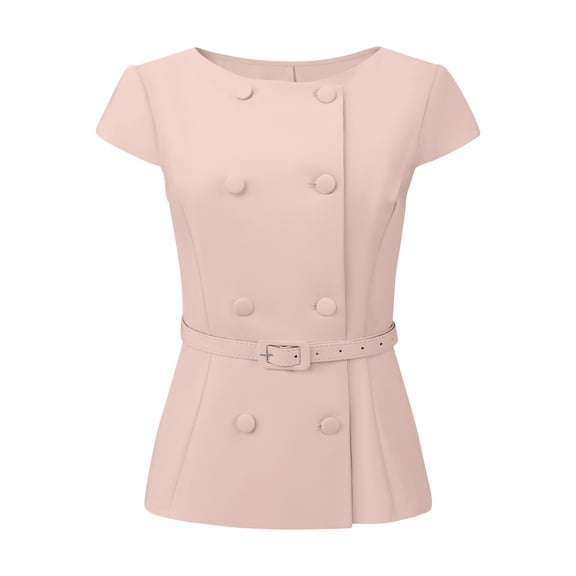 DARING DIVA Women's Vintage Blouse Button Down Cap Sleeve Boat Neck Peplum Top S Pink