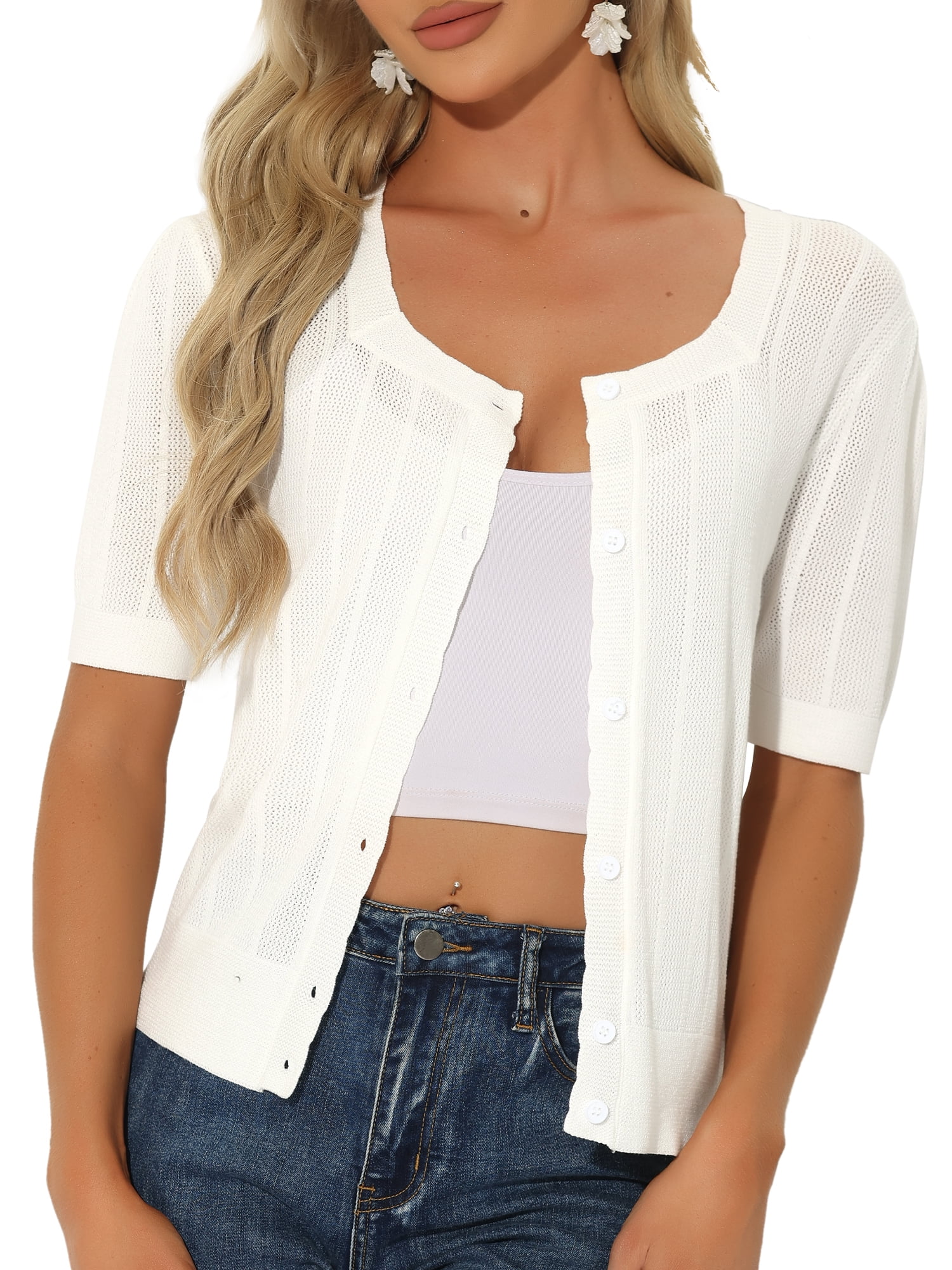 DARING DIVA Women's Vintage Bolero Cardigan Button Up Shrug Sweater L White