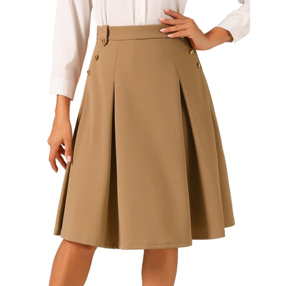 DARING DIVA Women's Vintage Button Decor Flared Midi Skirt L Khaki