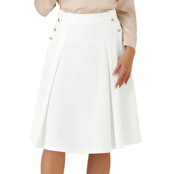 DARING DIVA Women's Vintage Button Decor Flared Midi Skirt L White