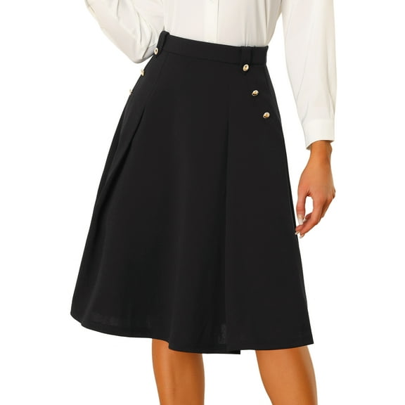 DARING DIVA Women's Vintage Button Decor Flared Midi Skirt S Black