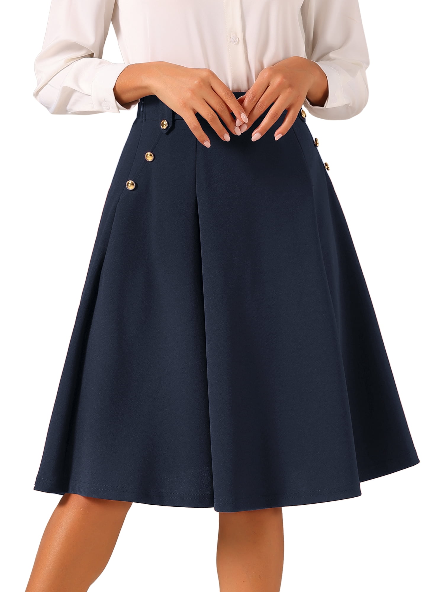 DARING DIVA Women's Vintage Button Decor Flared Midi Skirt XS Dark Blue