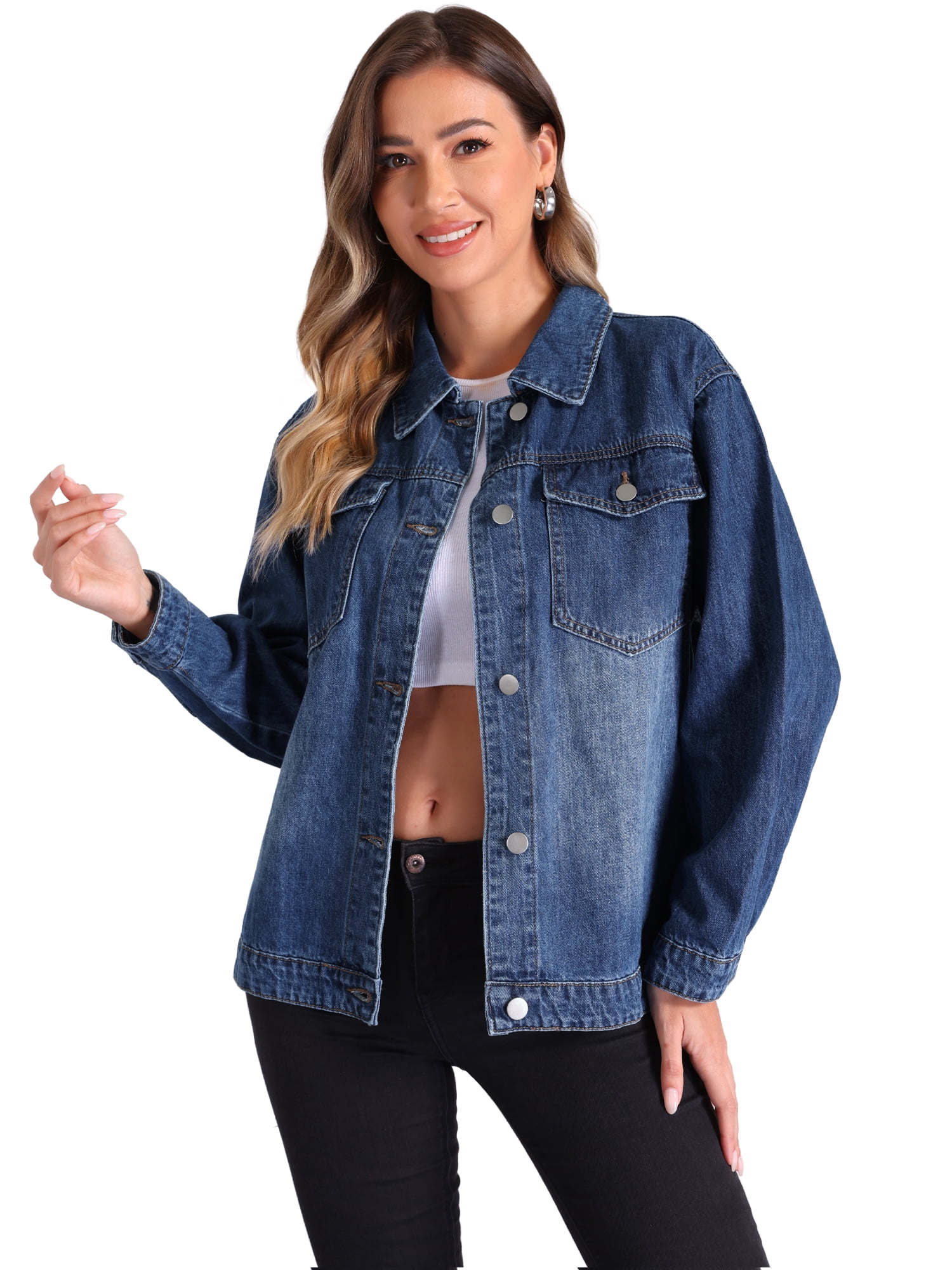 DARING DIVA Women's Vintage Button Down Long Sleeve Denim Jacket L Blue