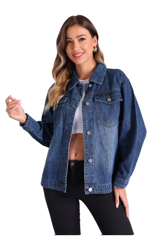 Women's Vintage Button Down Long Sleeve Denim Jacket L Blue
