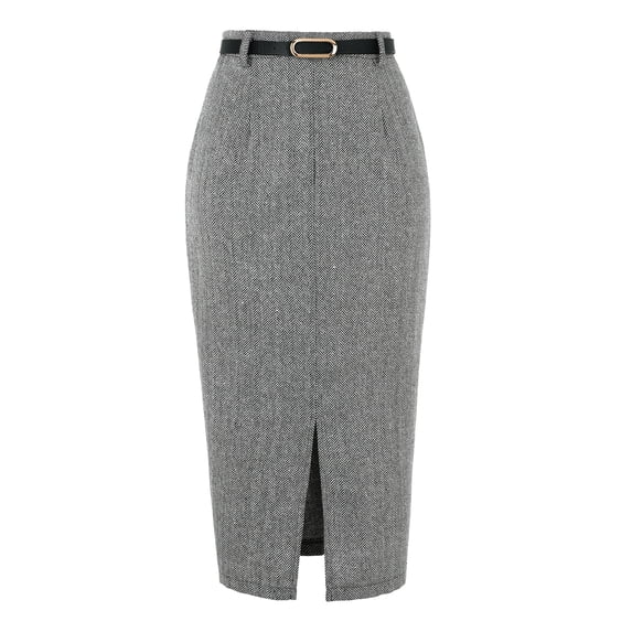DARING DIVA Women's Vintage Fall Slit Office Work Skirts with Belt Large Black White