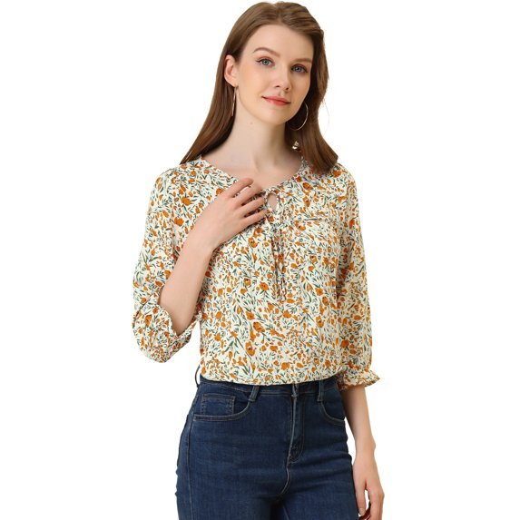 DARING DIVA Women's Vintage Floral Tie Neck 3/4 Sleeve Blouse S Orange