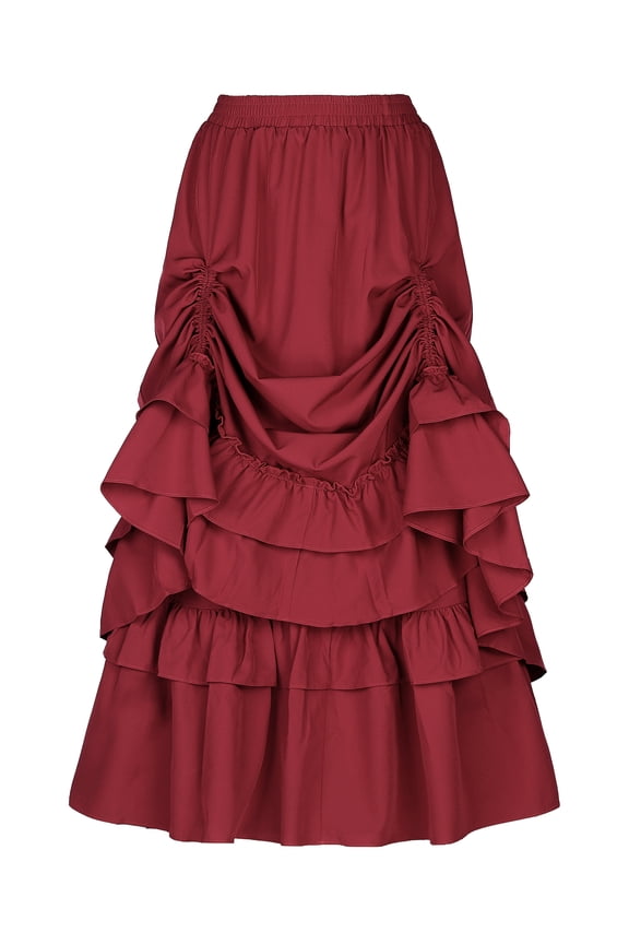 Women's Vintage Gothic Victorian Steampunk Ruffle Layered Skirts L Wine Red