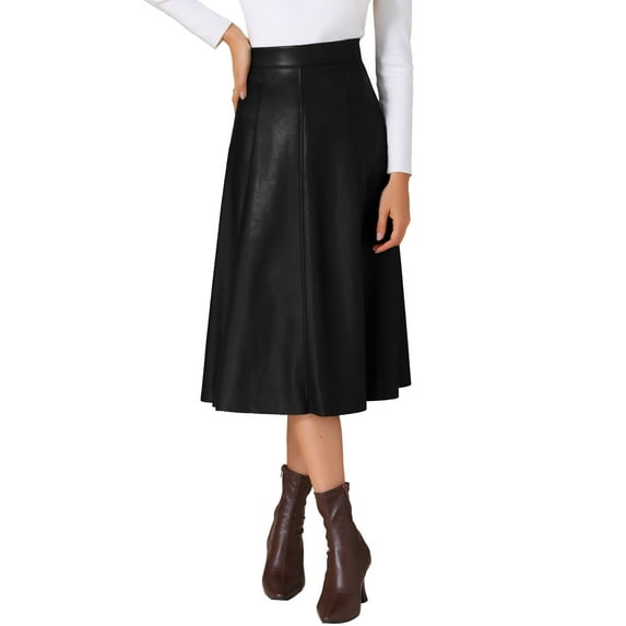 DARING DIVA Women's Vintage High Waist A Line Faux PU Leather Midi Skirts L Black