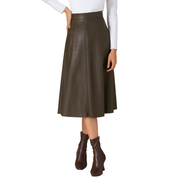 DARING DIVA Women's Vintage High Waist A Line Faux PU Leather Midi Skirts S Brown