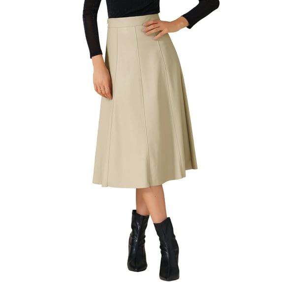 DARING DIVA Women's Vintage High Waist A Line Faux PU Leather Midi Skirts XS Apricot White