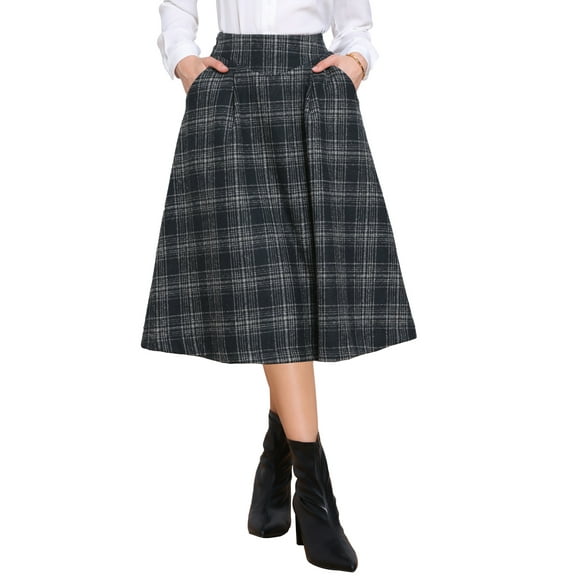 DARING DIVA Women's Vintage Midi A-Line Pleated Skirts with Pockets M Dark Blue
