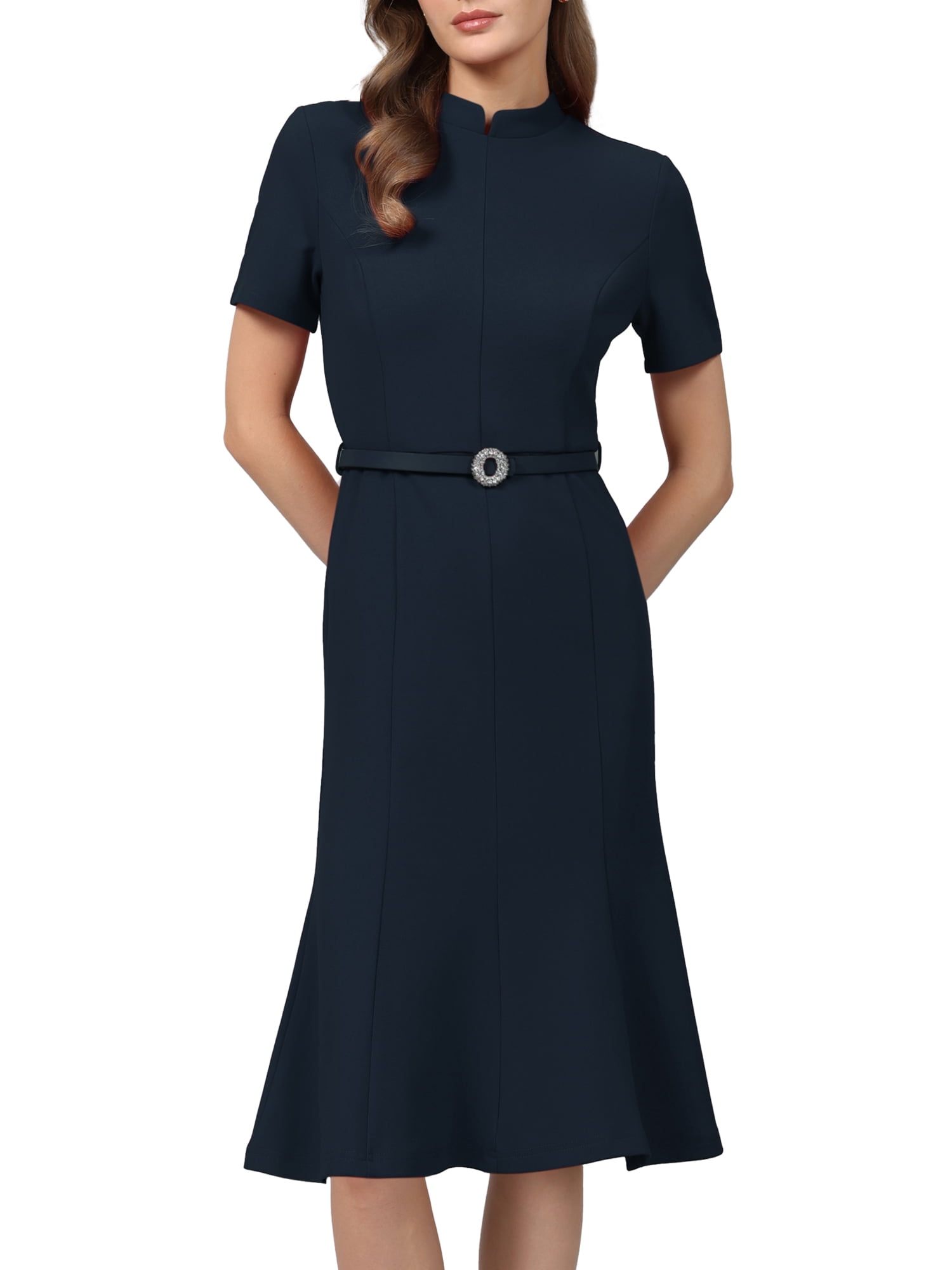 DARING DIVA Women's Vintage Mock Neck Short Sleeve Fishtail Dress XL Navy Blue