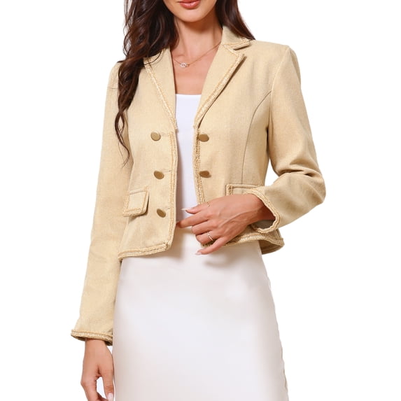 DARING DIVA Women's Vintage Notched Lapel Long Sleeve Cropped Blazer L Apricot