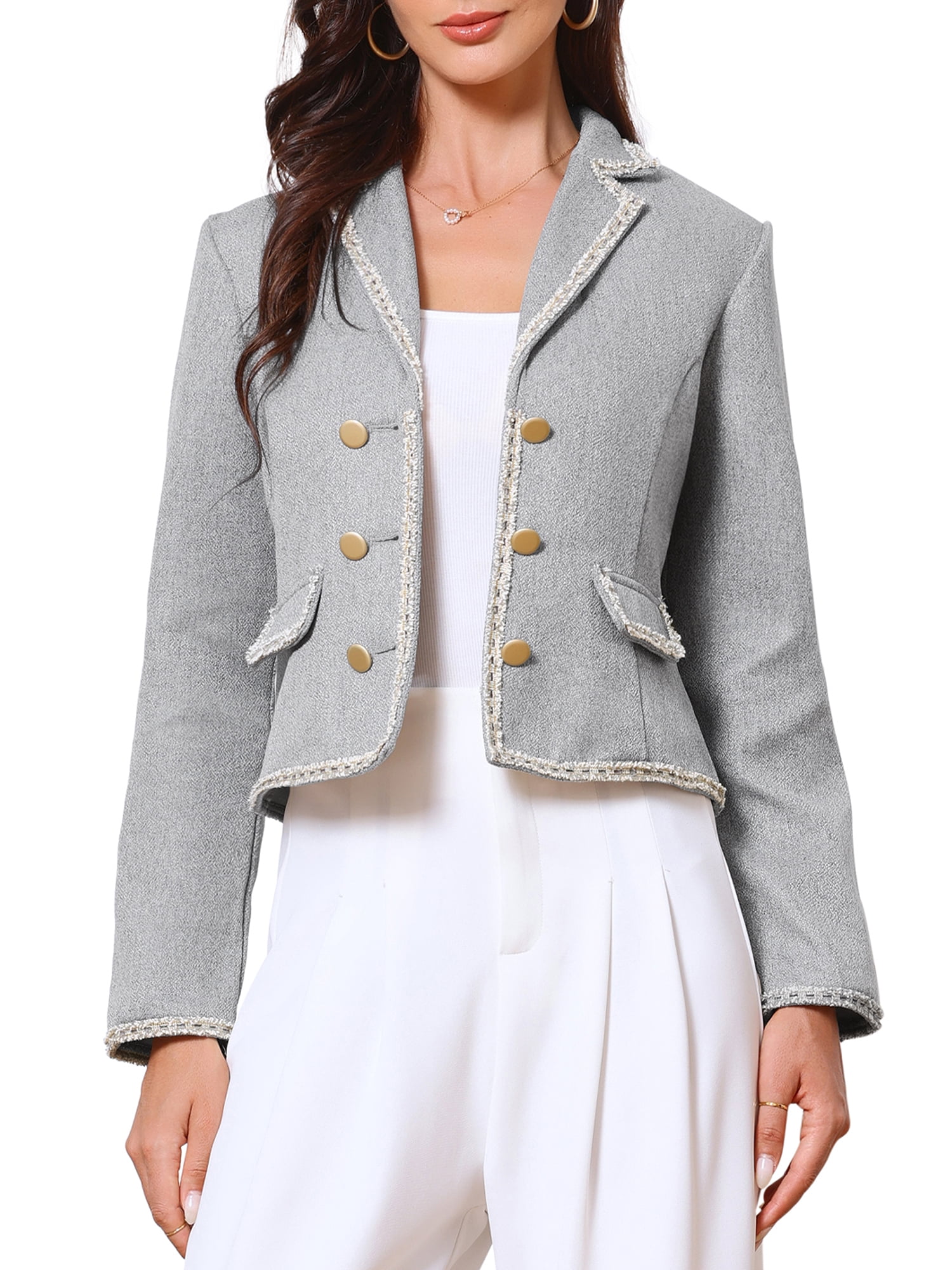 DARING DIVA Women's Vintage Notched Lapel Long Sleeve Cropped Blazer M Gray