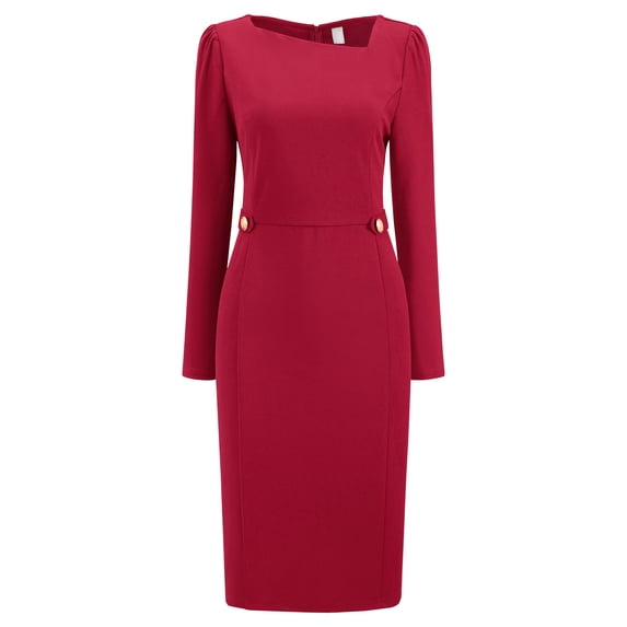 DARING DIVA Women's Vintage Pencil Asymmetrical Neck Long Sleeves Dress S Dark Red