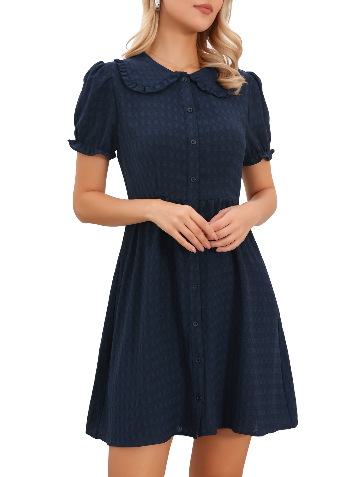 DARING DIVA Women's Vintage Peter Pan Collar Puff Short Sleeve Mini Dress XL Navy Blue
